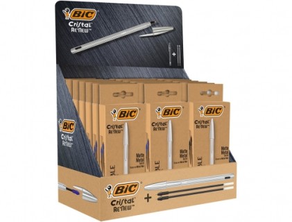 Bic Cristal Re´new Display di 21 penne a sfera con corpo in metallo + 2 ricariche - 15 inchiostro blu e 6 inchiostro nero - punta media 1,0 mm - inchiostro a base di olio - colore blu