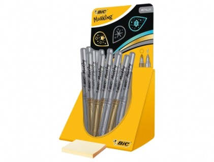 Bic Marking Espositore Metallico da 24 Pennarelli Indelebili - Punta 1.8mm - Corsa 0.8mm - Colore Oro e Argento