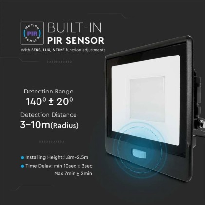 V-TAC PRO Faro LED Chip Samsung 50W con Sensore PIR Colore Nero 6500K IP65