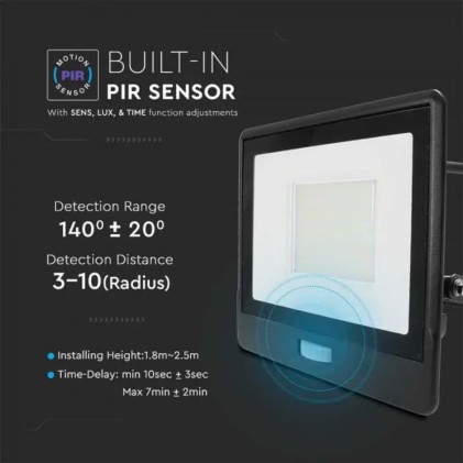 V-TAC PRO Faro LED Chip Samsung 50W con Sensore PIR Cavo 1m Colore Nero 3000K IP65