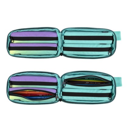 Milan Sunset Green Confezione da 4 astucci con contenuto standard - Contenuto: gomma, 2 temperamatite, matita in grafite HB, 3 penne a capsula, righello da 15 cm, 12 matite colorate Ergo e 12 pennarelli
