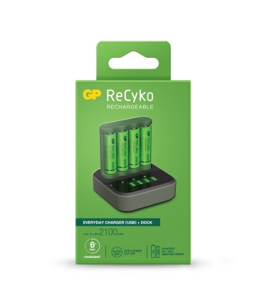 GP ReCyko B421 Dock Charger Pack Everyday USB 4 Posti + Base di Ricarica + 4 Batterie AA Ricaricabili 2100mAh
