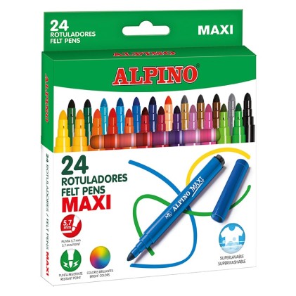 Alpino Confezione da 24 Pennarelli Maxi Spessi - Punta 6mm - Super Lavabili, Resistenti e Durevoli - Colori Brillanti - Colori Assortiti