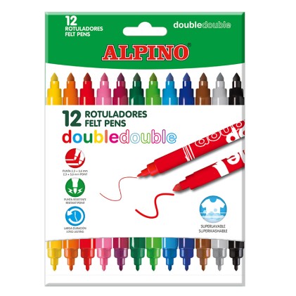 Alpino Confezione da 12 Pennarelli Doppi 10+2 - Pennarelli Doppia Punta - Colori Super Brillanti - Inchiostro Super Lavabile - Ideali per Lavori Scolastici e Disegni - Colori Assortiti