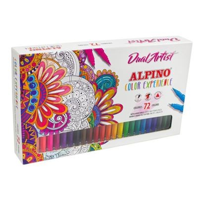 Alpino Dual Artist Color Experience Confezione da 72 Pennarelli - Punta Doppia per Disegni Pi&ugrave; Completi - Forma Triangolare ergonomica - Punta Fine Liner da 0,7 mm e Punta Pennello da 2,9 mm - Colori Assortiti