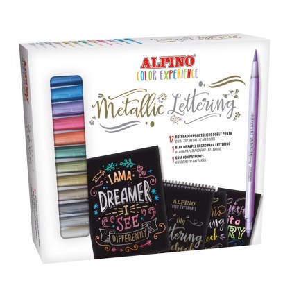 Alpino Color Experience Kit Iniziazione Lettering con 12 pennarelli metallici a doppia punta, punta fine e punta a pennello + 1 blocco di carta nera per lettere speciali + 1 guida con 20 motivi - colori assortiti