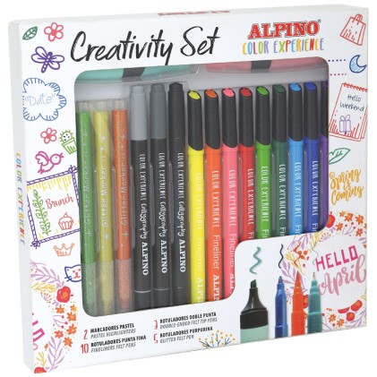 Alpino Color Experience Kit Creativo da 10 Fineliner - 5 Pennarelli Glitter - 3 Pennarelli Speciali per Calligrafia - 2 Pennarelli Pastello - Colori Assortiti