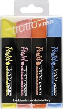 Tratto Video Pastel Confezione da 4 Pennarelli Fluorescenti - Punta Cesellata - Inchiostro a Base Acqua - Asciugatura Rapida - Colori Assortiti