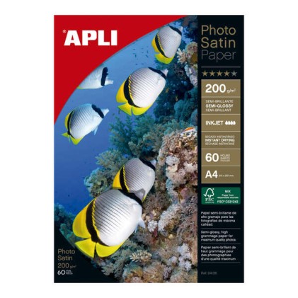 Apli Photosatin, confezione da 60 fogli di carta fotografica A4 da 200 g/m&sup2; - Finitura semilucida - Adatta per stampanti a getto d'inchiostro