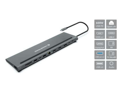 Docking station USB-C Conceptronic 12 in 1 con 2x HDMI, 1x USB-C PD, 1x DisplayPort, 1x Gigabit LAN, 2x USB-A 3.0, 1x USB-A 2.0, 1x USB-C dati, 1x SD, 1x TF / Micro SD, 1 audio