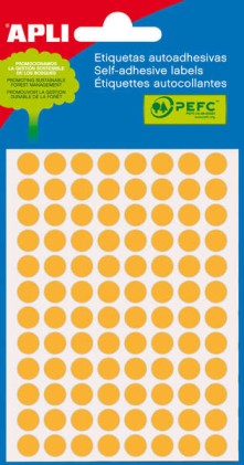 Apli Mini Bag da 288 etichette rotonde Ø 8mm - 3 fogli da 96 etichette - Adesivo permanente - Colore arancione fluorescente