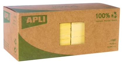 Apli Classic Note Adesive Riciclate 75x75 - 12 Blocchi da 100 Fogli - Adesivo di Qualità - Carta Riciclata - Giallo