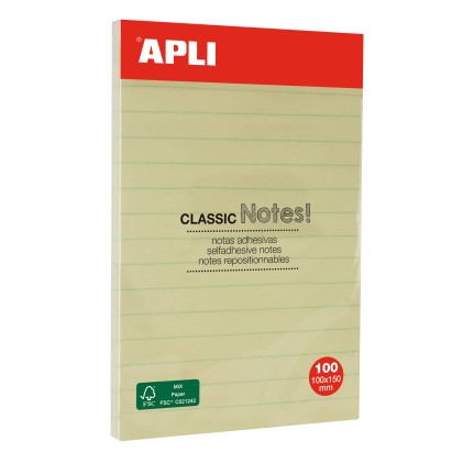 Apli Classic Sticky Notes con righe 100x150mm - Blocco da 100 fogli - Adesivo di alta qualit&agrave; - Facile da staccare - Giallo