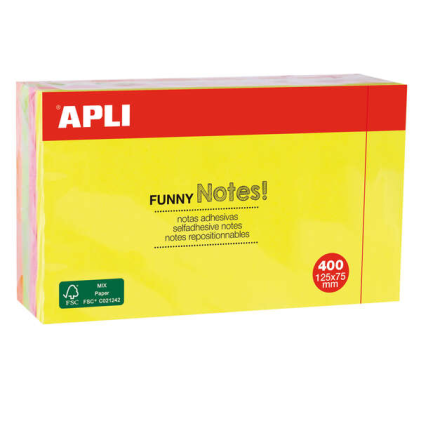 Apli Funny Block da 400 foglietti adesivi riposizionabili 125x75mm - 4 colori assortiti (100 fogli per colore) - Colori fluorescenti