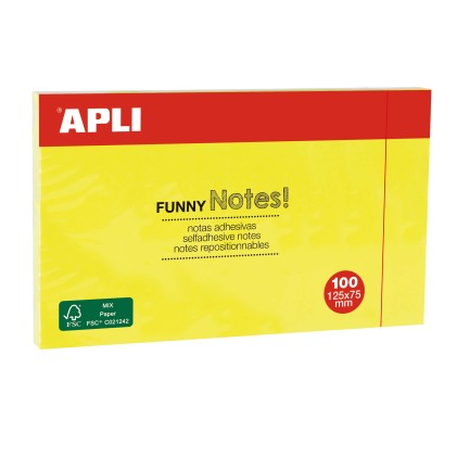 Apli Funny Sticky Notes 125x75mm - Blocco da 100 fogli - Disegni divertenti - Adesivo di qualit&agrave; - Giallo fluorescente