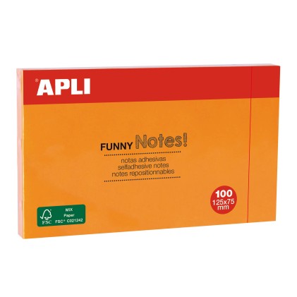 Apli Funny Sticky Notes 125x75mm - Blocco da 100 Fogli - Adesivo di Qualit&agrave; - Colore Arancione Fluo