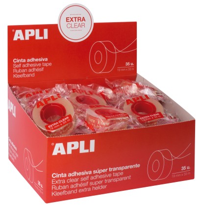 Apli Nastro Adesivo Extra Chiaro 19mm x 33m - Impermeabile e Resistente agli Agenti Atmosferici - Facile da Tagliare con le Mani - Trasparente Trasparente
