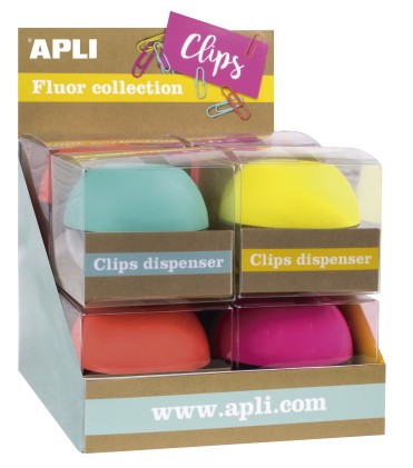 Espositore Clip Apli Fluor Collection - Ø 70x60 mm - 8 Dispenser in 4 Colori - Coperchio Magnetico "Soft Touch" - Include 50 Clip