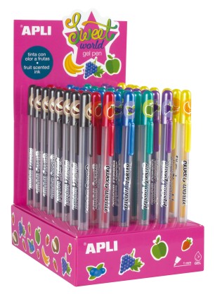 Apli Sweet World Gel Pen Display - 48 Penne Gel Ink con Profumo di Frutta - 8 Colori Assortiti - Spessore Scrittura 1mm - Resistente e Lunga Durata