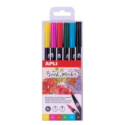 Apli Brush Marker Confezione da 6 pennarelli acquerellabili a doppia punta - Punta a pennello da 1-4 mm e punta rotonda da 1 mm - Inchiostro a base d'acqua inodore e atossico - Colori assortiti
