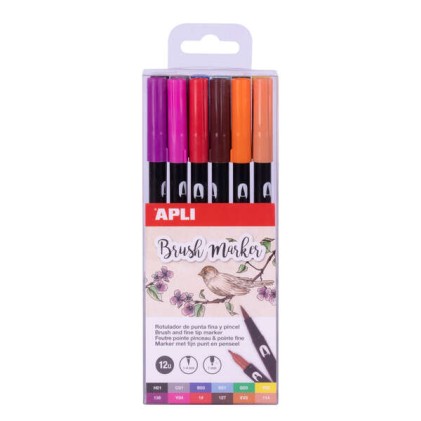 Apli Brush Marker Confezione da 12 pennarelli acquerellabili a doppia punta - Punta a pennello da 1-4 mm e punta rotonda da 1 mm - Inchiostro a base d'acqua inodore e atossico - Colori assortiti