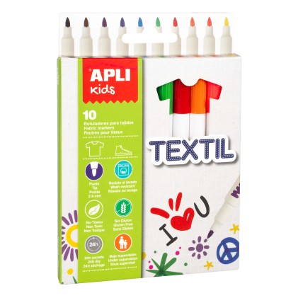 Apli Kids Pennarelli Tessili &Oslash; 11x137mm - Corpo Cilindrico - Punta Tonda Bloccata &Oslash; 2,9mm - Cappuccio Antisoffocamento - Atossici e Senza Glutine - Lunga Durata - Resistenti ai Lavaggi - Ideali per Tutti i Tipi di Tessuti