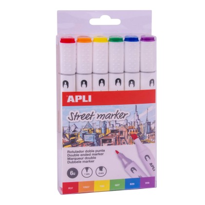 Apli Street Markers Pennarelli a Doppia Punta - Punte da 1 mm e 6 mm - Inchiostro a base di alcol - Multifunzionali per disegnare, dipingere e colorare - Confezione assortita di 6 colori