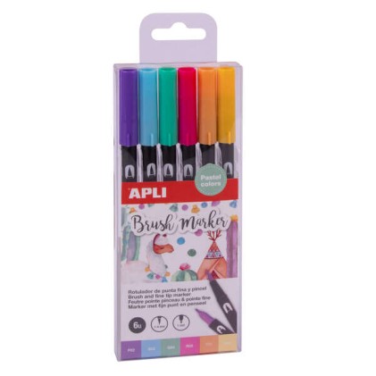 Apli Brush Marker Confezione da 6 pennarelli acquerellabili a doppia punta - Punta a pennello da 1-4 mm e punta rotonda da 1 mm - Inchiostro a base d'acqua inodore e atossico - Colori pastello assortiti