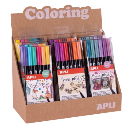 Apli Pennarelli a Pennello da Colorare - Espositore con 8 Confezioni Assortite - Doppia Punta di Pennello in Nylon Tipo da 1-4 mm e Punta Tonda da 1 mm - Acquerello e Multifunzione