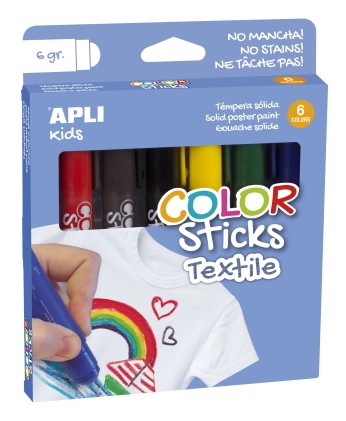 Apli Color Sticks Textile - Confezione da 6 unità da 6g - Colori assortiti resistenti al lavaggio - Asciugatura all aria in 12 ore - Colori nitidi e vivaci - Finiture diverse a seconda della pressione - Senza solventi