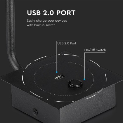 V-TAC Applique da Hotel per Lettura LED 3W con Interruttore Porta USB Colore Nero 3000K