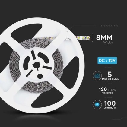 V-TAC Strip LED SMD3528 8W/m 5m 120 LED/m 12V 4000K IP20 8mm