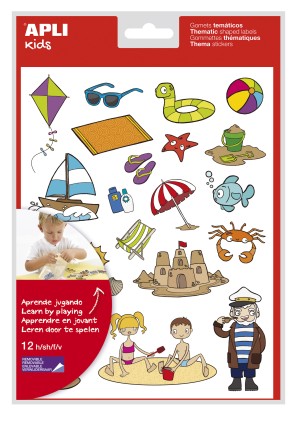 Apli Gomets Tematicos la Playa - 264 Gomets en 12 Hojas - Ilustraciones de Animales y Objetos de la Playa - Adhesivo Removible - Ideal para Escuelas - Adhesivo Base Agua - Libre de Disolventes - Colorido