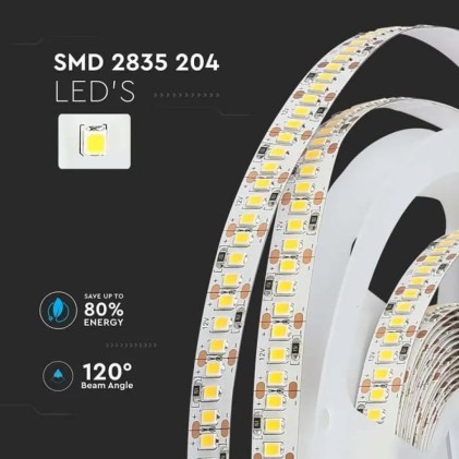 V-TAC Strip LED SMD3528 17W/m 5m 204 LED/m 12V 4000K IP20 10mm