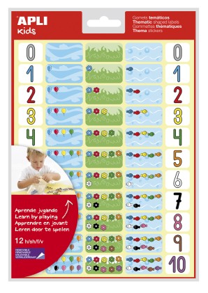 Gomet a tema numeri Apli - 660 Gomet in 12 fogli - Aiuta a identificare e quantificare i numeri - Adesivo rimovibile - Ideale per le scuole - Adesivo a base acqua - Senza solventi - Colori assortiti