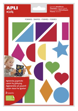 Apli Adesivi Tematici Forme Geometriche xL - 2 Fogli A4 (64 Stickers) - Sviluppato con Educatori - Adesivo Removibile - Taglia XL senza Bordo - Adesivo a Base Acqua - Senza Solventi - Colorato