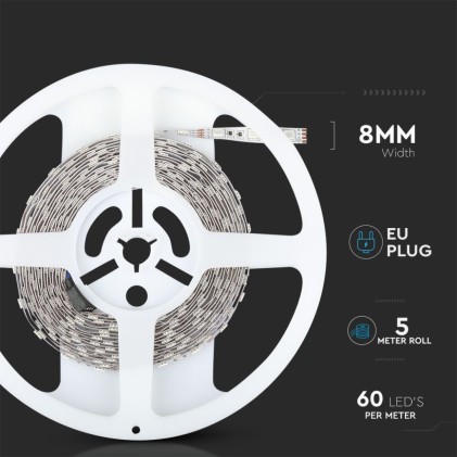 V-TAC Kit per Strip LED SMD5050 10W/m Bobina 5m 60 LED/m con Telecomando e Alimentatore RGB Dimmerabile IP20