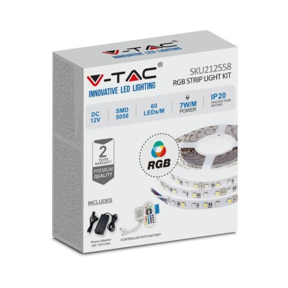 V-TAC Kit per Strip LED SMD5050 10W/m Bobina 5m 60 LED/m con Telecomando e Alimentatore RGB Dimmerabile IP20