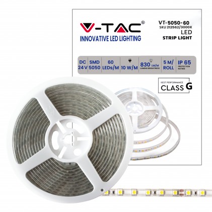 V-TAC Strip LED SMD5050 10W/m 5m 60 LED/m 24V 3000K IP65 11.4mm