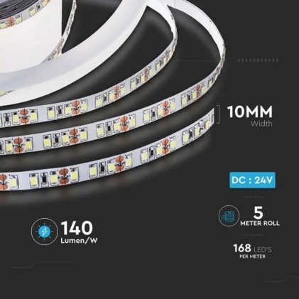 V-TAC Strip LED SMD2835 12W/m 5m 168 LED/m 140LM/W 24V 4000K IP20 10mm