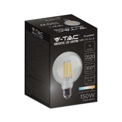 V-TAC Lampadina LED E27 18W 140LM/W G95 Filamento 3000K