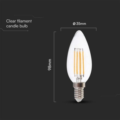 V-TAC Lampadina LED E14 6W 130LM/W Candela Filamento 3000K