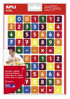 Apli Numbers Bustina Adesivi Tematici - 210 Adesivi su 3 Fogli - Adesivo Removibile - Apprendimento Numeri e Calcolo Mentale - Adesivo a Base Acqua - Senza Solventi - Colori Assortiti
