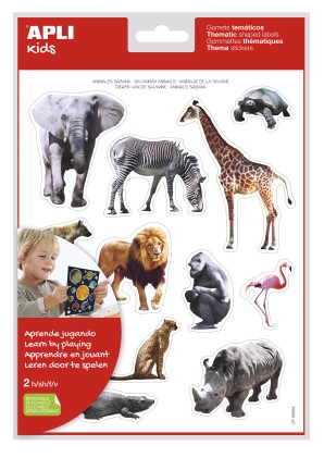 Apli Thematic Gomets Realistici Animali della Savana - 24 Gomets - Adesivo Removibile - Sviluppato con Educatori - Ideale per la Motricità - Adesivo a Base Acqua - Senza Solventi - Colorato