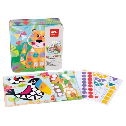 Apli Kids Set Gomma Modello Tigre - 16 Fogli da Riempire - 10 Fogli di Gomme Rimovibili di Forma Geometrica - Alto Valore Educativo - Scatola in Metallo dal Design Esclusivo