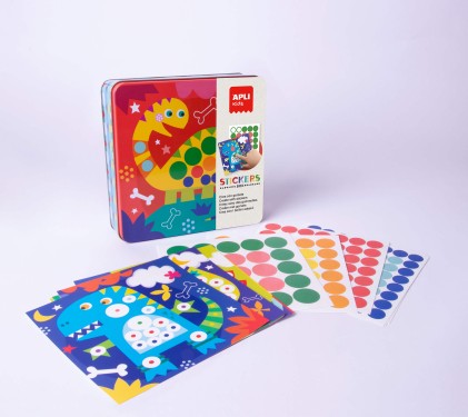 Apli Kids Dino Eraser Set - Include 8 fogli illustrati - 8 fogli di gomma rimovibili - Esclusiva scatola di metallo