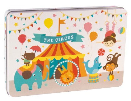 Apli Puzzle per Bambini a Tema Circo - 24 Pezzi da 8x8 cm - Design Esclusivo Lily Lane - Facile da Maneggiare per i Bambini - Cartone da 2 mm con Finitura Lucida - Scatola Rettangolare in Metallo