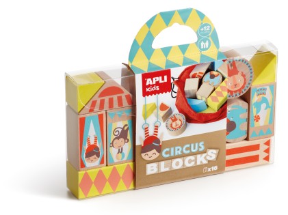 Set di blocchi di legno impilabili modello Circo Apli - 16 pezzi con sacchetto di stoffa - Pino di alta qualit&agrave; con stampa a colori - Stimola i sensi e le capacit&agrave; motorie - Colore naturale