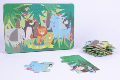 Apli Puzzle Giungla per Bambini - 24 Pezzi da 8x8 mm - Scatola Rettangolare in Metallo - Design Esclusivo di Martina Hogan - Facile da Maneggiare - Cartone da 2 mm - Sviluppo delle Abilità - Colorato e Trasparente