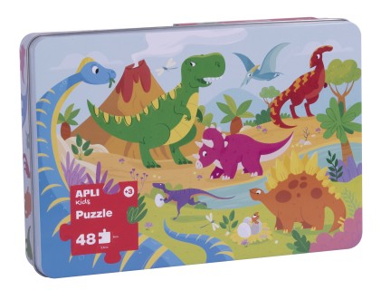 Apli Kids Dinosaur Puzzle - 48 Pezzi da 5,5x6 cm - Scatola Rettangolare in Metallo - Design Esclusivo per Bambini, Colorato, Chiaro e Semplice - Pezzi Resistenti e Sicuri - Spessore 2 mm con Finitura Lucida e Indiana sul Retro
